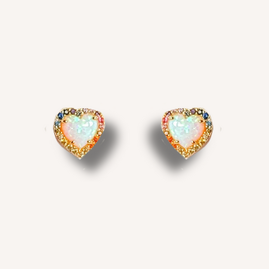 Rainbow Opal Heart Stud Earrings