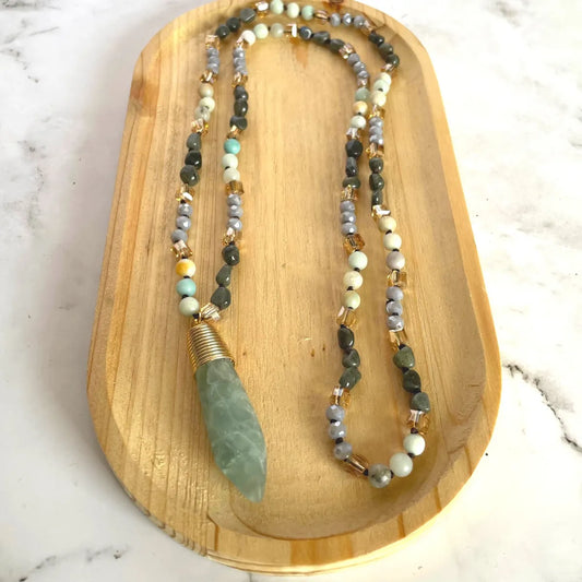 Long Gemstone Necklace in Light Green