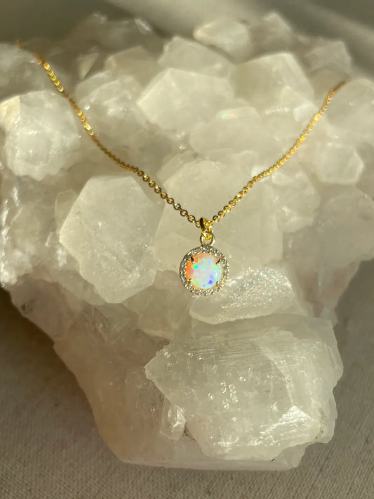 White Halo CZ Opal Necklace