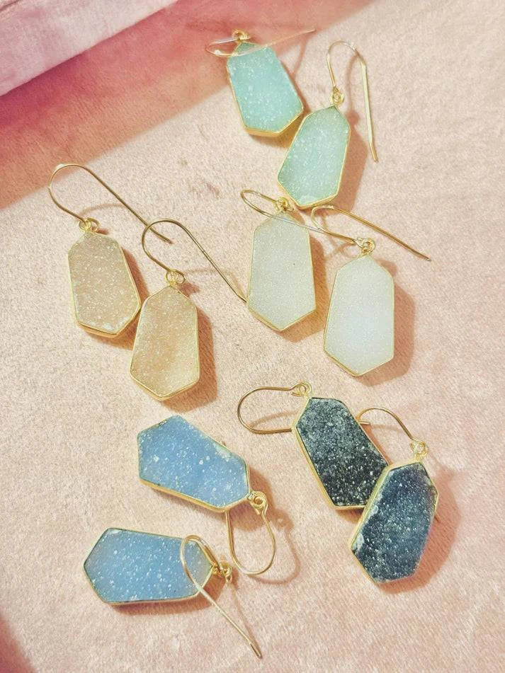 Gold-plated Druzy Lydia earrings featuring shimmering druzy gemstones in a teardrop design, perfect for elegant and everyday wear