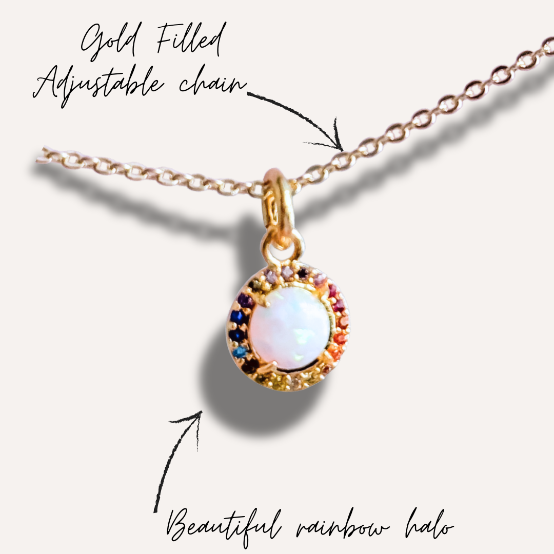 Rainbow Halo Opal Necklace – Dainty, Colorful, Perfect for Everyday wear